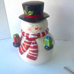 Snowman cookie jar with presents in hand  made by Cheryl's